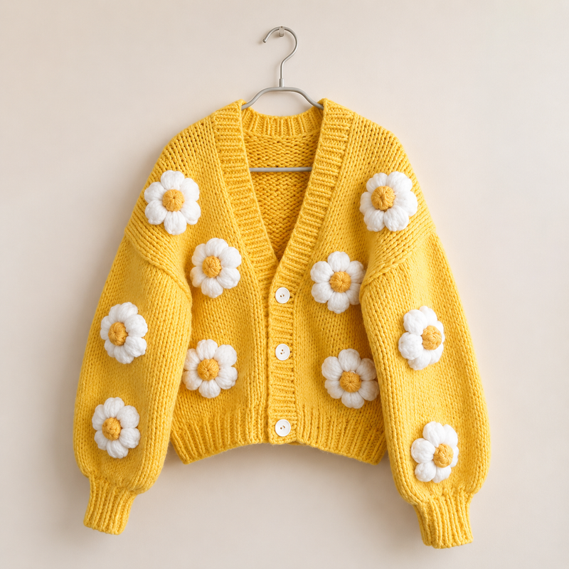 Daisy Bloom Hand-Knitted Cardigan(Yellow)