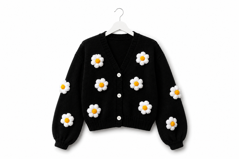 Daisy Bloom Hand-Knitted Cardigan(Black)