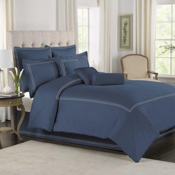 Luxury cotton Satin Baratta Duvet Cover Set (Slate Blue with White Baratta Stitch)