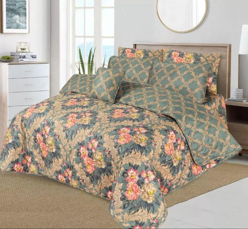 7 PCs Bed Spread Set-  Floral Grey