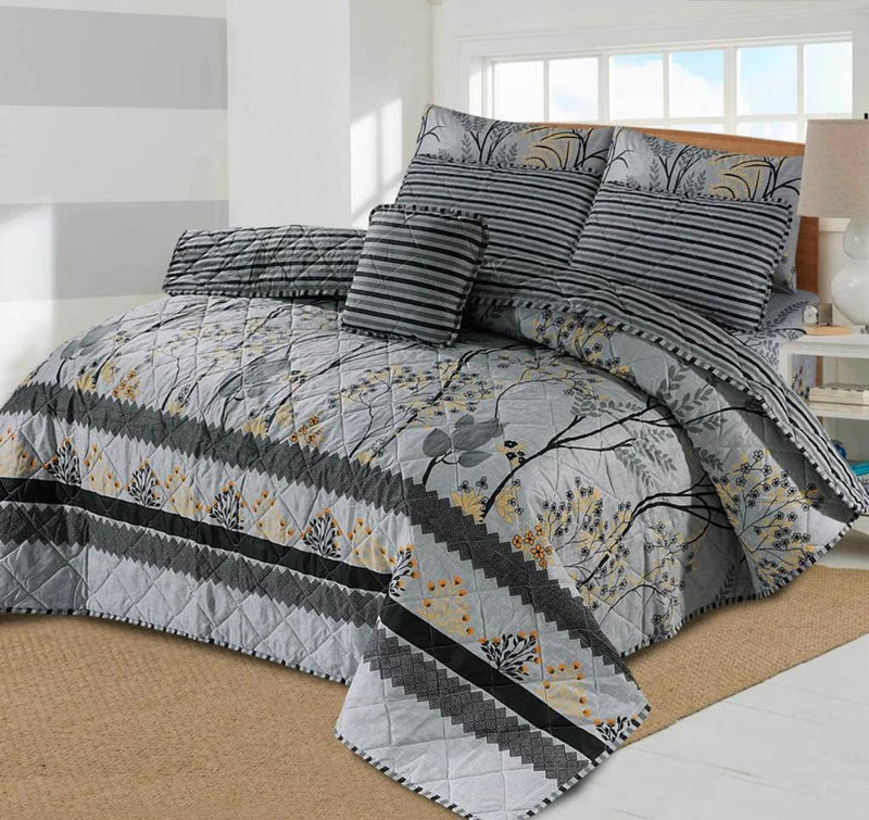 7 PCs Bed Spread Set- Grey Stripe