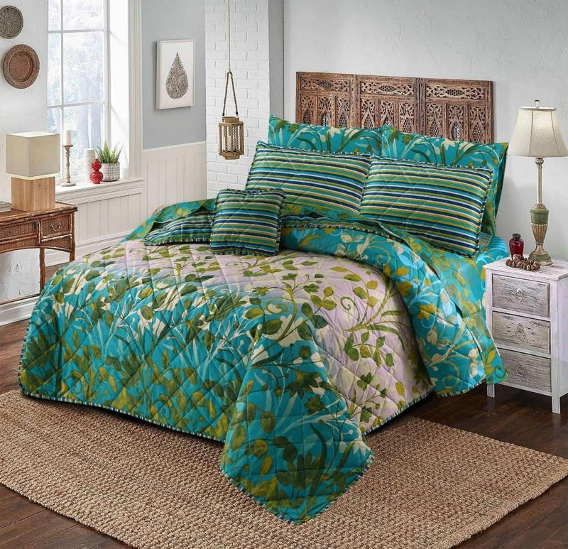 7 PCs Bed Spread Set- Zink & Beige