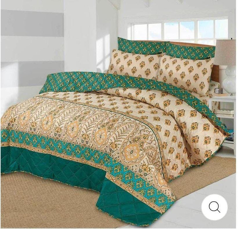 7 PCs Bed Spread Set-  Green & Skin