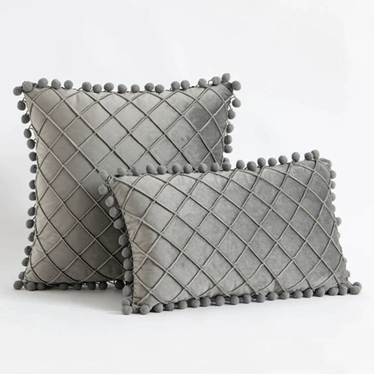 Velvet Cushions  Pom Grid Delight - 2 PCS Plated Cushions Set Grey