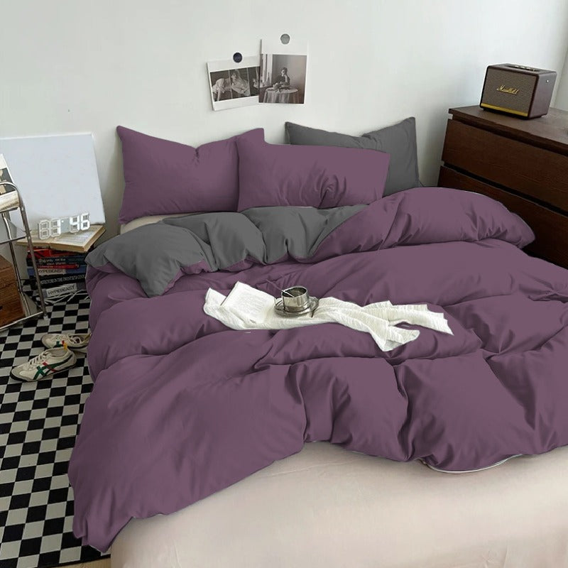 Plain Dyed Reversible Cotton Duvet Cover Set - Moderate Purple & Charcoal Grey