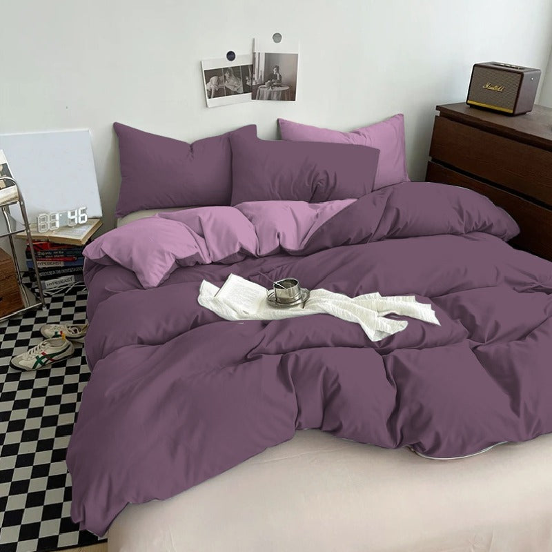 Plain Dyed Reversible Cotton Duvet Cover Set - Moderate Purple & Lilac