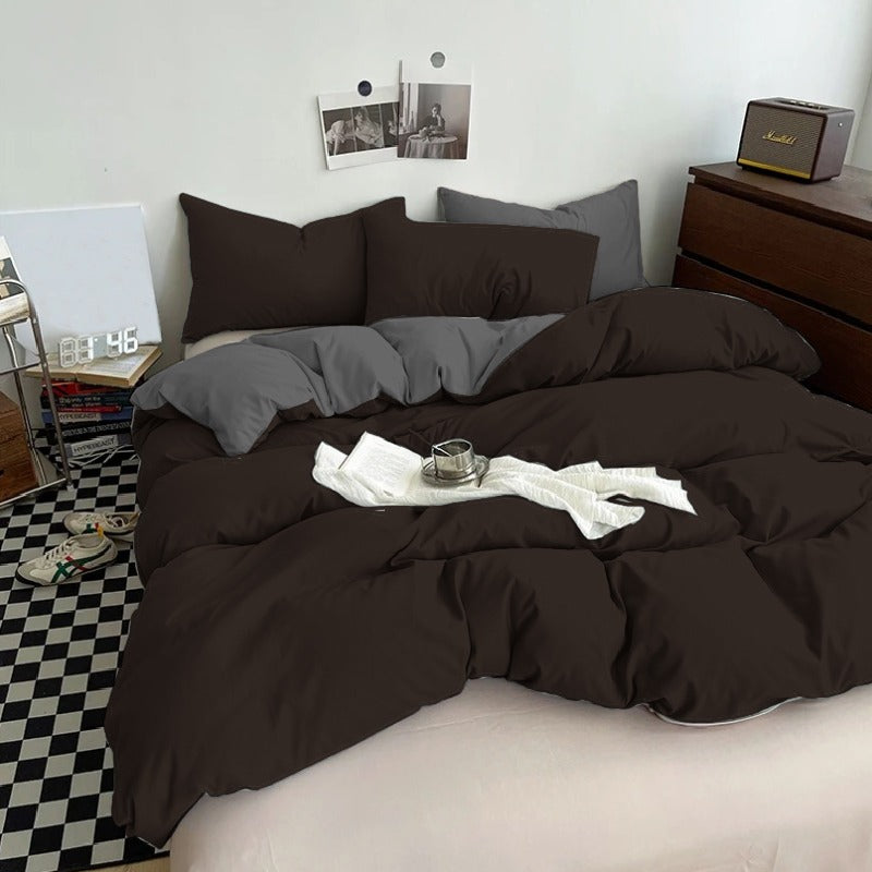Plain Dyed Reversible Cotton Duvet Cover Set - Chocolate Brown & Charcoal Grey