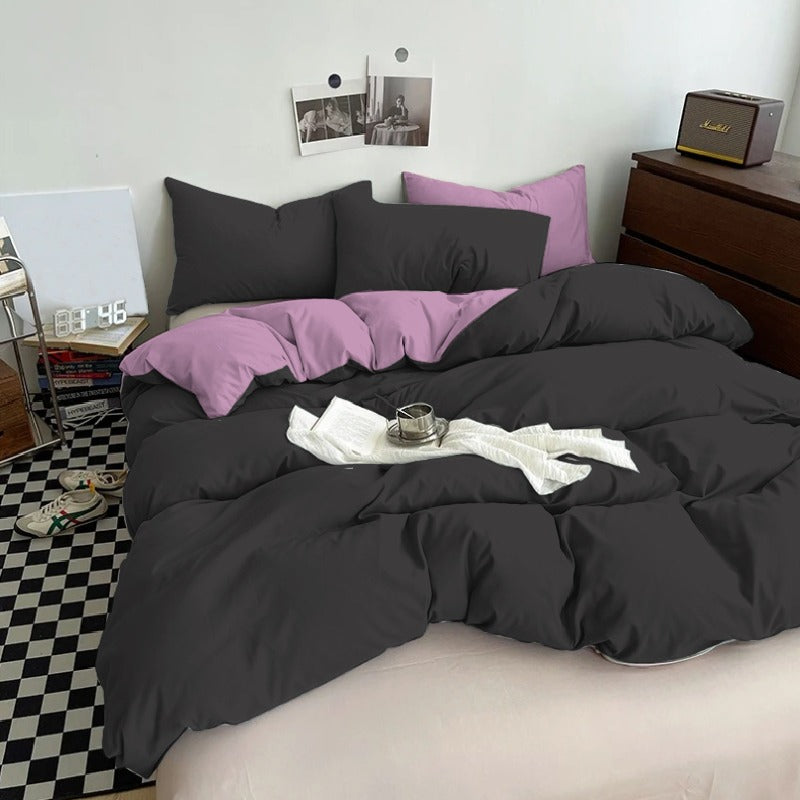 Plain Dyed Reversible Cotton Duvet Cover Set - Black & Lilac