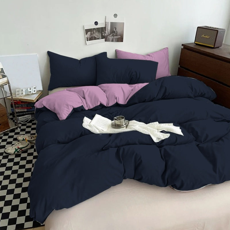 Plain Dyed Reversible Cotton Duvet Cover Set - Midnight Blue & Lilac