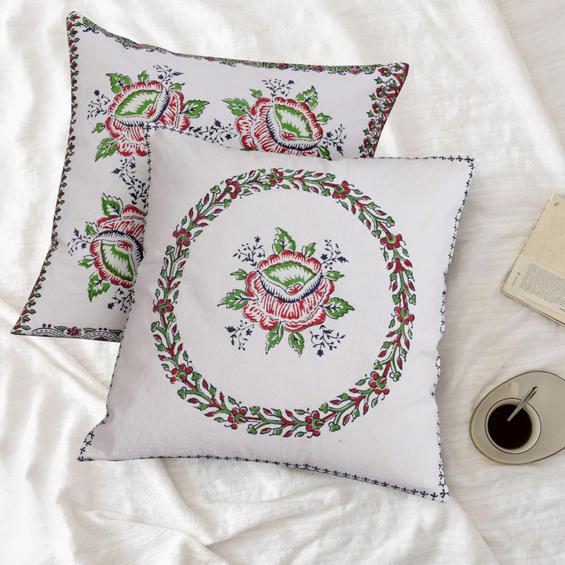 Heritage Floral Touch Hand Block Printed Cushion Covers-2 PC Set