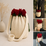 Cream crocheted bucket-style bag with a long strap and a top of red roses with green stems, shown on a light beige surface with dried flowers in a vase, plus three smaller inset photos on the right showing the bag being worn and held.