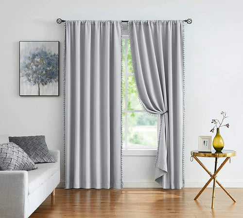 plain dyed curtain grey Pompom-Fringe Curtains (Grey)