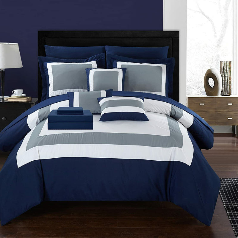Blue & White Block Hotel Style Cotton Satin Duvet Set