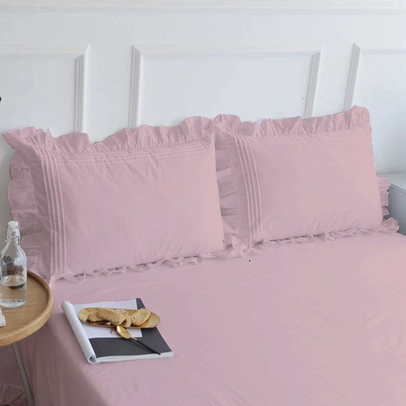 Fitted Sheet With Frilled Pillow Covers-Rose Pink