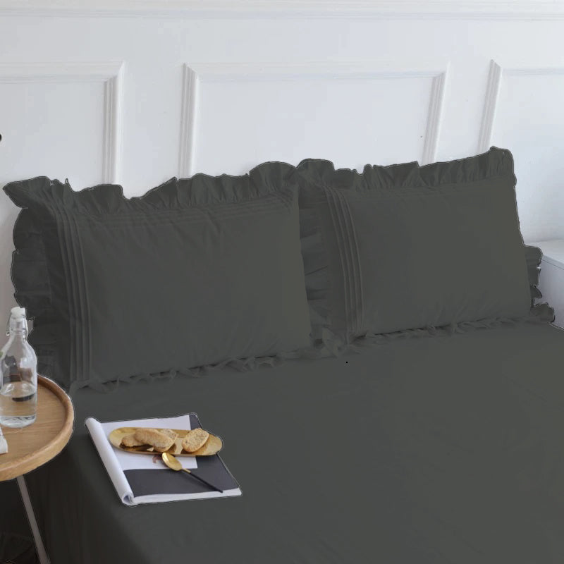 Fitted Sheet With Frilled Pillow Covers-Charcoal Grey