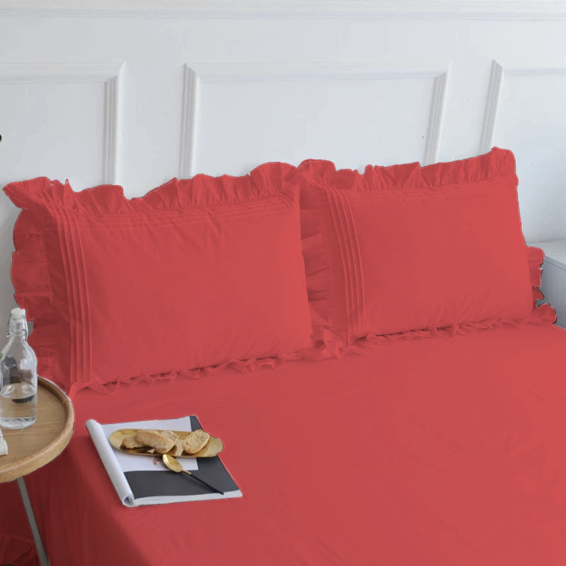 Fitted Sheet With Frilled Pillow Covers-Scarlet Red