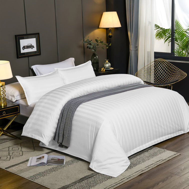 4 Pcs Satin Stripe Double Bed Duvet Set-White