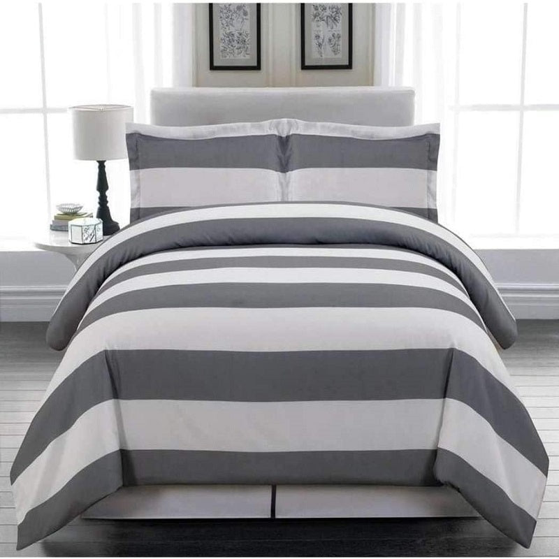 Grey & White Cabana Stripe Cotton Satin Duvet Cover Set
