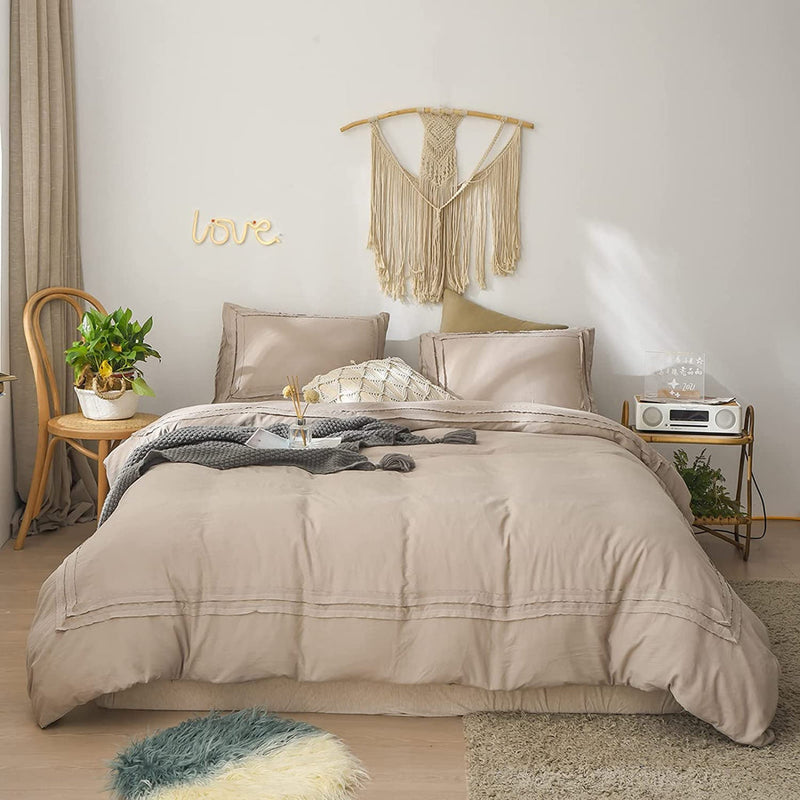 Ruched Lace Cotton Satin Double Bed Duvet Set-Beige