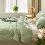 Ruched Lace Cotton Satin Double Bed Duvet Set-Mint Green