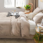 Ruched Lace Cotton Satin Double Bed Duvet Set-Beige