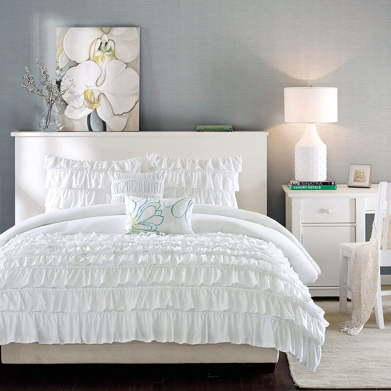 White Ruffle Cotton Satin Duvet Cover Set
