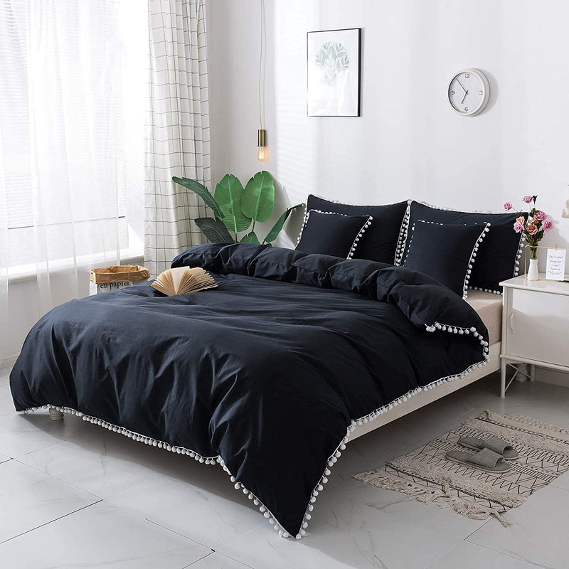 Black & White Pom-Fringe cotton Satin Duvet Set
