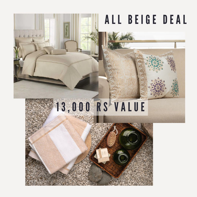 Deal 01 (Beige Baratta Duvet set,3 PCs Towel Pack-Nautica Beige ,Nafisa Cushion Covers-2 PC Set