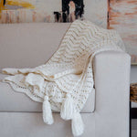 Eden-Hand Knitted Crochet Throw with Tassels-Off White