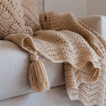 Eden-Hand Knitted Crochet Throw with Tassels-Beige