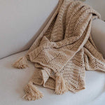 Eden-Hand Knitted Crochet Throw with Tassels-Beige