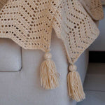 Eden-Hand Knitted Crochet Throw with Tassels-Beige
