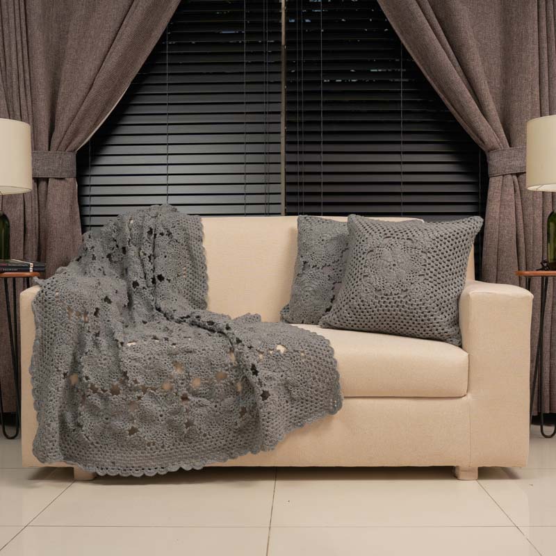 Deal 06 (Honey Comb Crochet Throw,Honey comb Grey cushion pair -2 Pc Crochet cushion Covers)