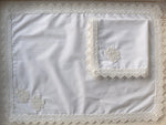 9 PCs Lace Dove white lace trimmed napkins & trolley covers