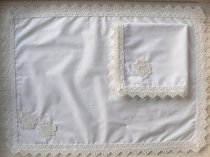 9 PCs Lace Dove white lace trimmed napkins & trolley covers – Premia Home