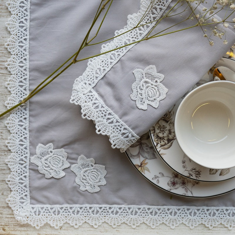 9 PCs Lace Steely grey lace trimmed napkins & trolley covers