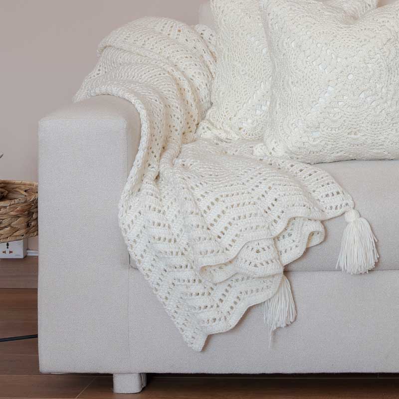 Eden-Hand Knitted Crochet Throw with Tassels-Off White