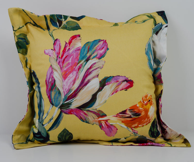 digitally printed flower design on yellow cushion 