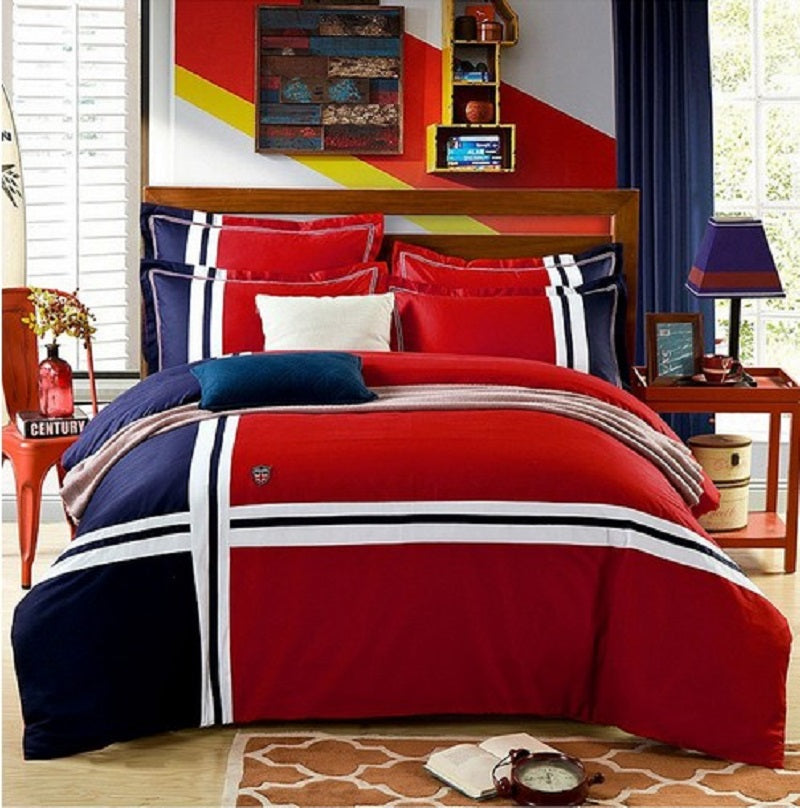 RED & BLUE OXFORD COTTON SATIN DUVET COVER SET