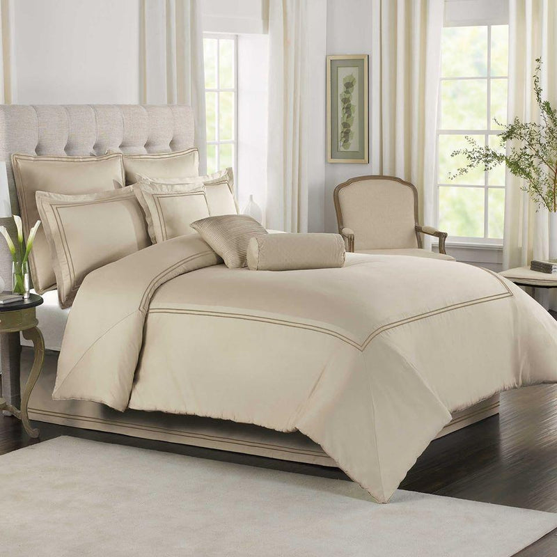 Luxury cotton Satin Baratta Duvet Cover Set (Beige With Brown Baratta Stitch)