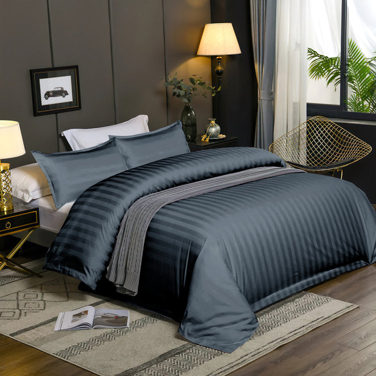 4 Pcs Satin Stripe Double Bed Duvet Set-Charcoal