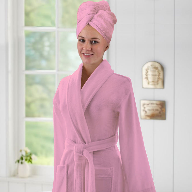 pink bathrobe with pink hair wrapper Bathrobe with Hair Wrapper - Pink