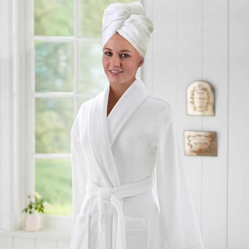white bathrobe with white hair wrapper Bathrobe with Hair Wrapper - White