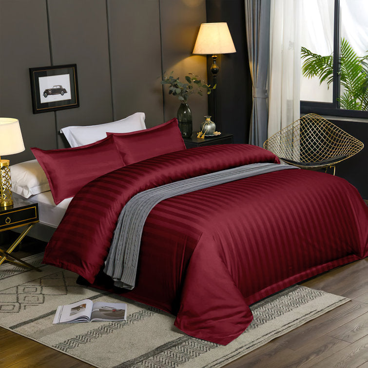  Satin Stripe Double Bed Duvet Set-Red