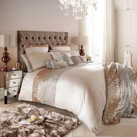Luxury Sequence Bridal Bedding Set-Beige With Golden Sequence