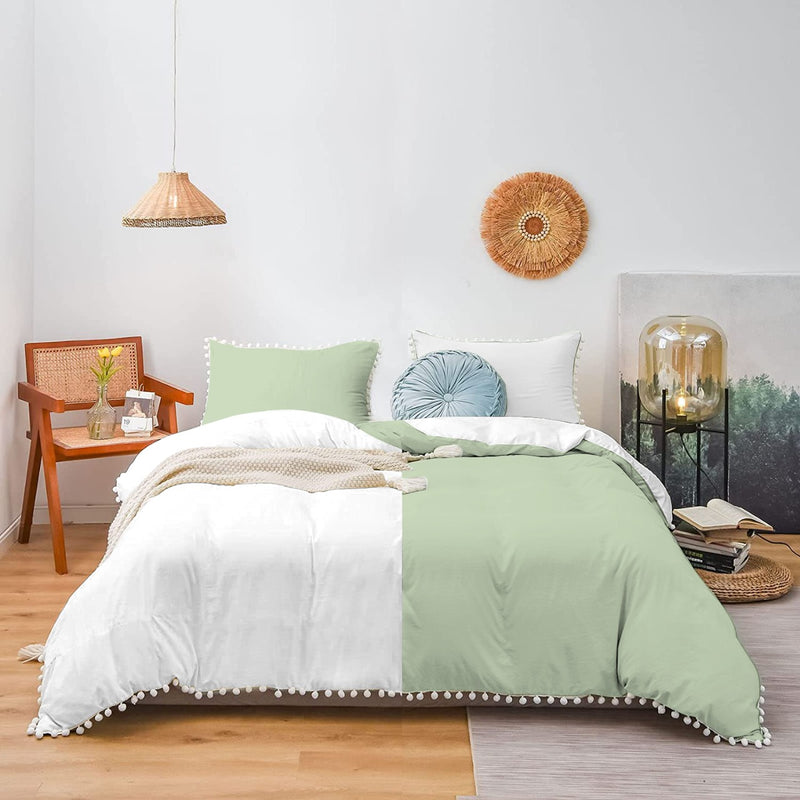 Feather Pom-Pom Cotton Satin Duvet Cover Set