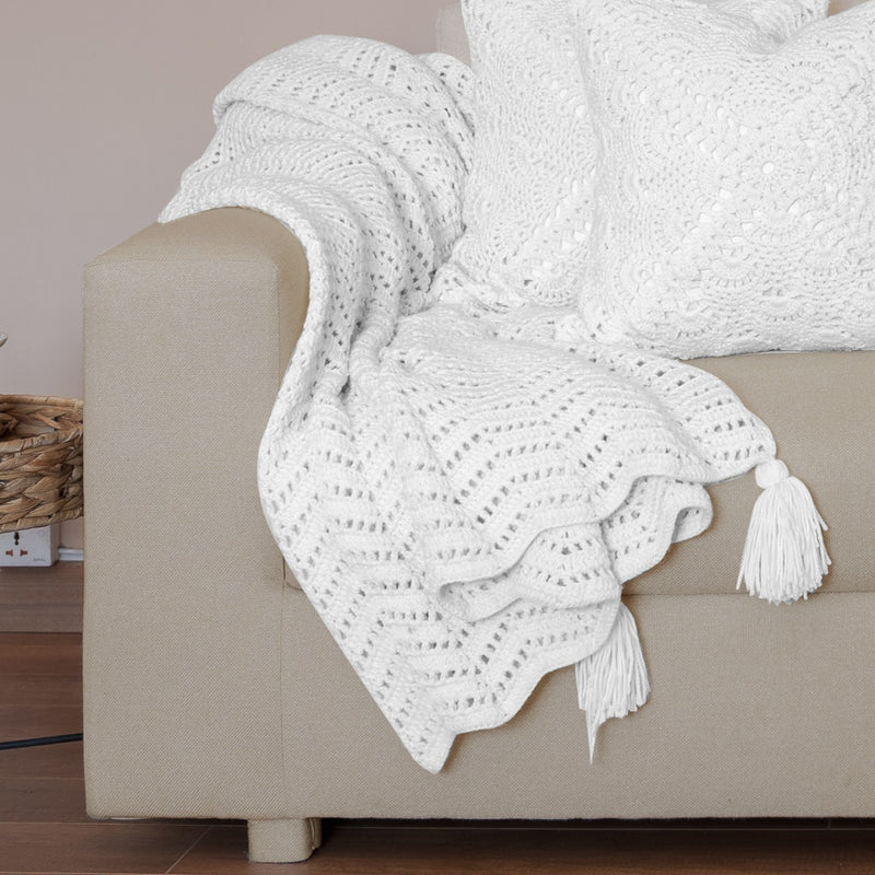 Eden-Hand Knitted Crochet Throw with Tassels-White