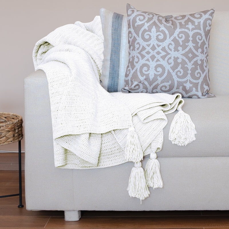 Amelia Hand Knitted Crochet Throw with Tassels-White