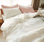 White Pom-Fringe Cotton Satin Duvet Set
