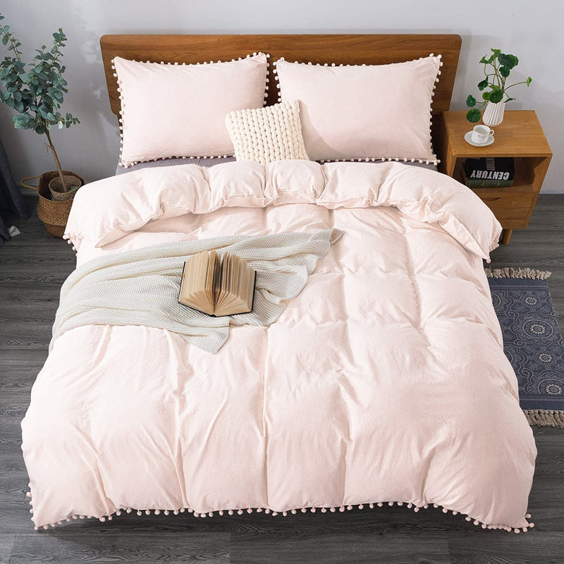 Tea Pink Pom-Fringe Cotton Satin Duvet Set